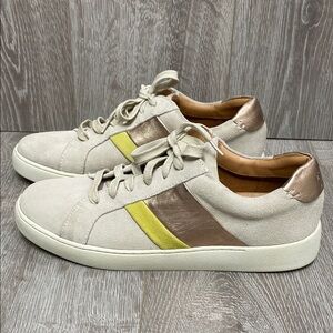 Frye & Co Hallie Low Suede Lace Up Casual Sneakers Cream Gold Yellow Stripes 11W